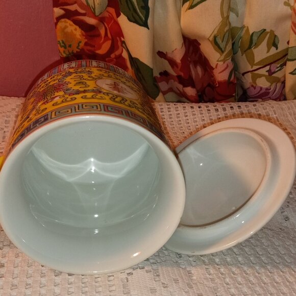 BLUE AND YELLOW COLORFUL ORIENTAL DECOR TEACUP WITH MATCHING LID - Picture 7 of 9